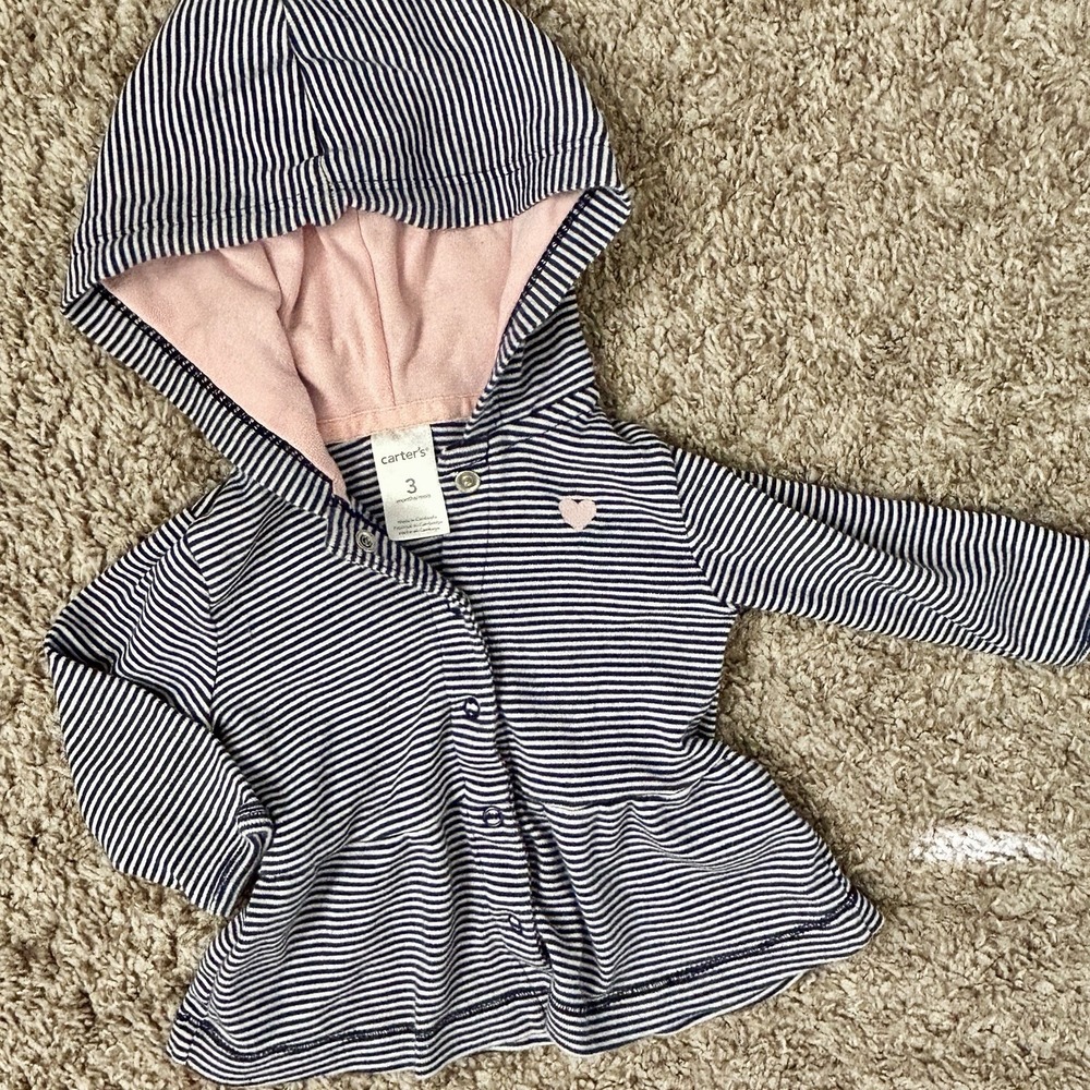 Carter's‎ Baby Girls Striped Hoodie Jacket I Pink Heart I Size 3 Months I EUC